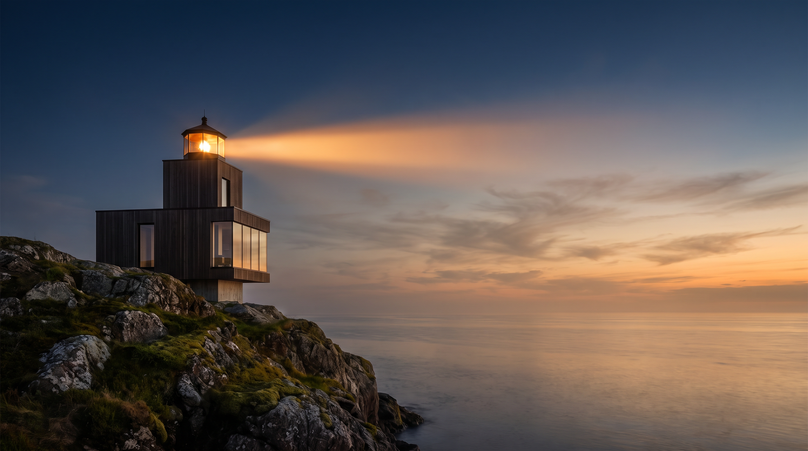 A lighthouse beaming warm golden light across a calm ocean horizon at dusk