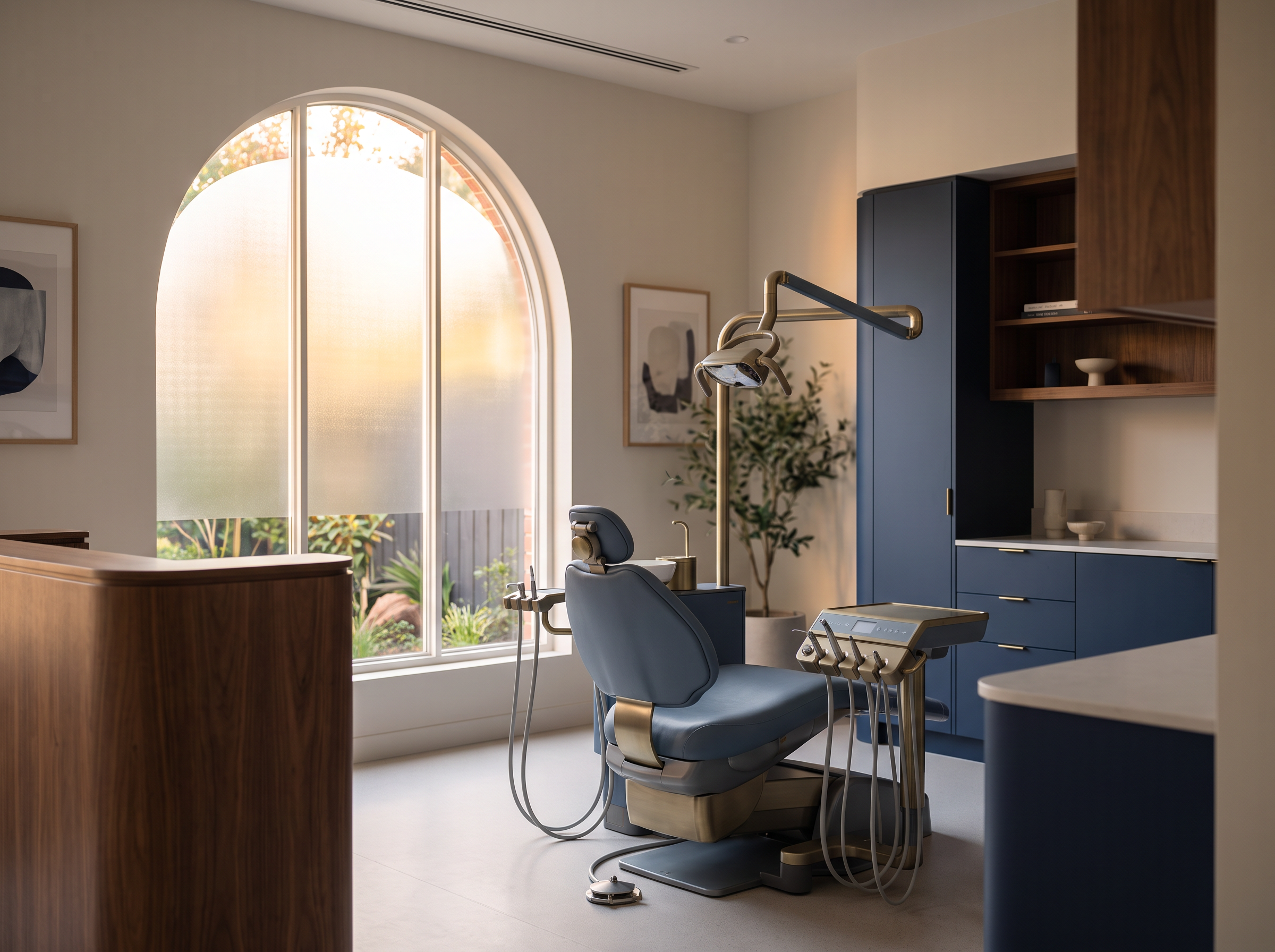 A calm, modern surgical suite with natural light and warm wood tones